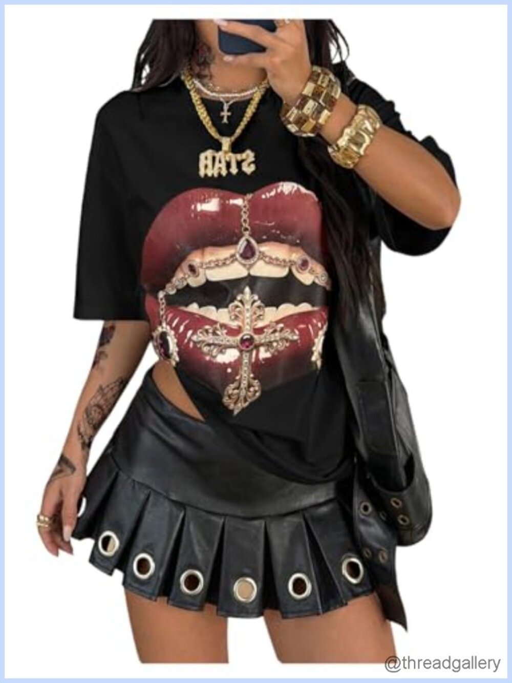 Women's Lips Print Graphic Tee Drop Shoulder Half Sleeve Streetwear Top
